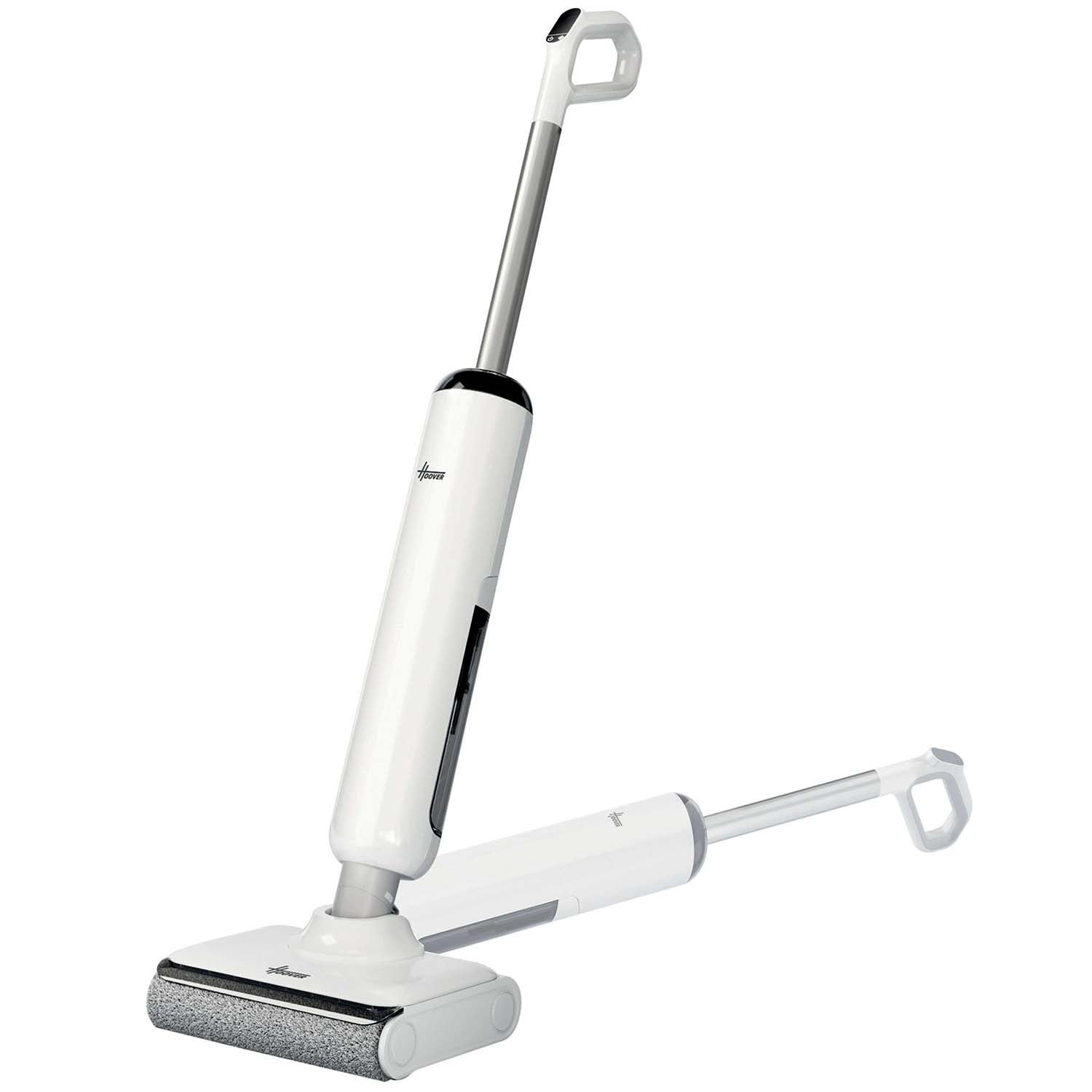 A white floor mop with a silver handle and a grey cleaning head.