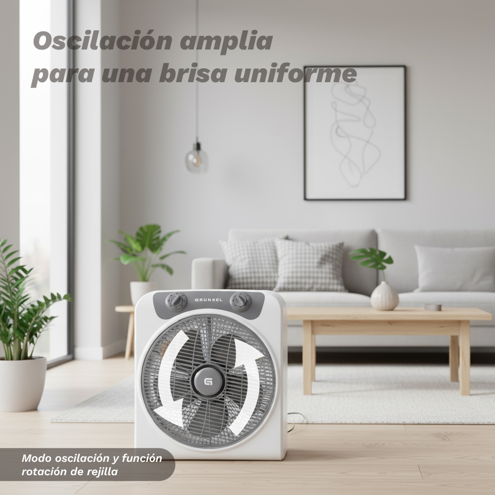 Un ventilador blanco está en primer plano, con flechas que indican la función de oscilación.