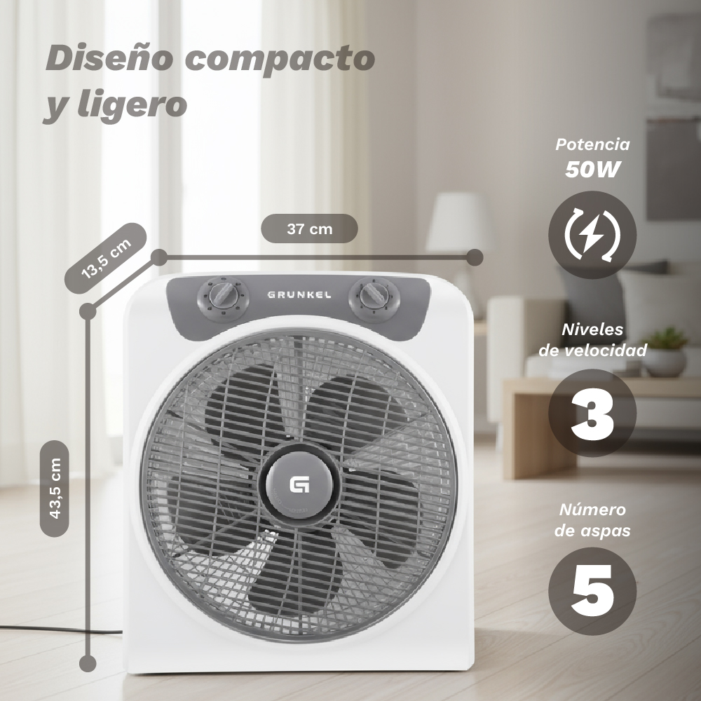 Ventilador blanco con rejilla gris. Se indican dimensiones y potencia.