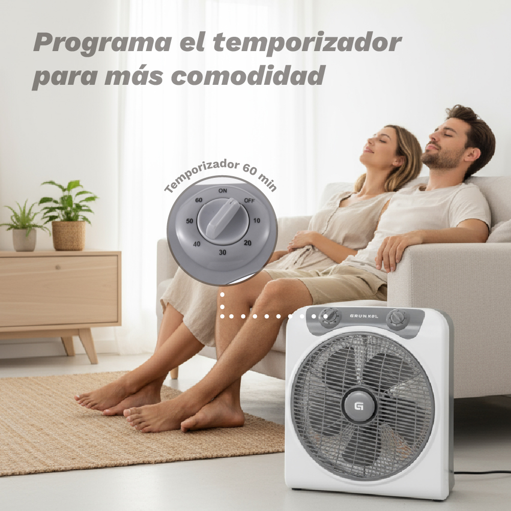 Hombre y mujer se relajan junto a un ventilador con temporizador.