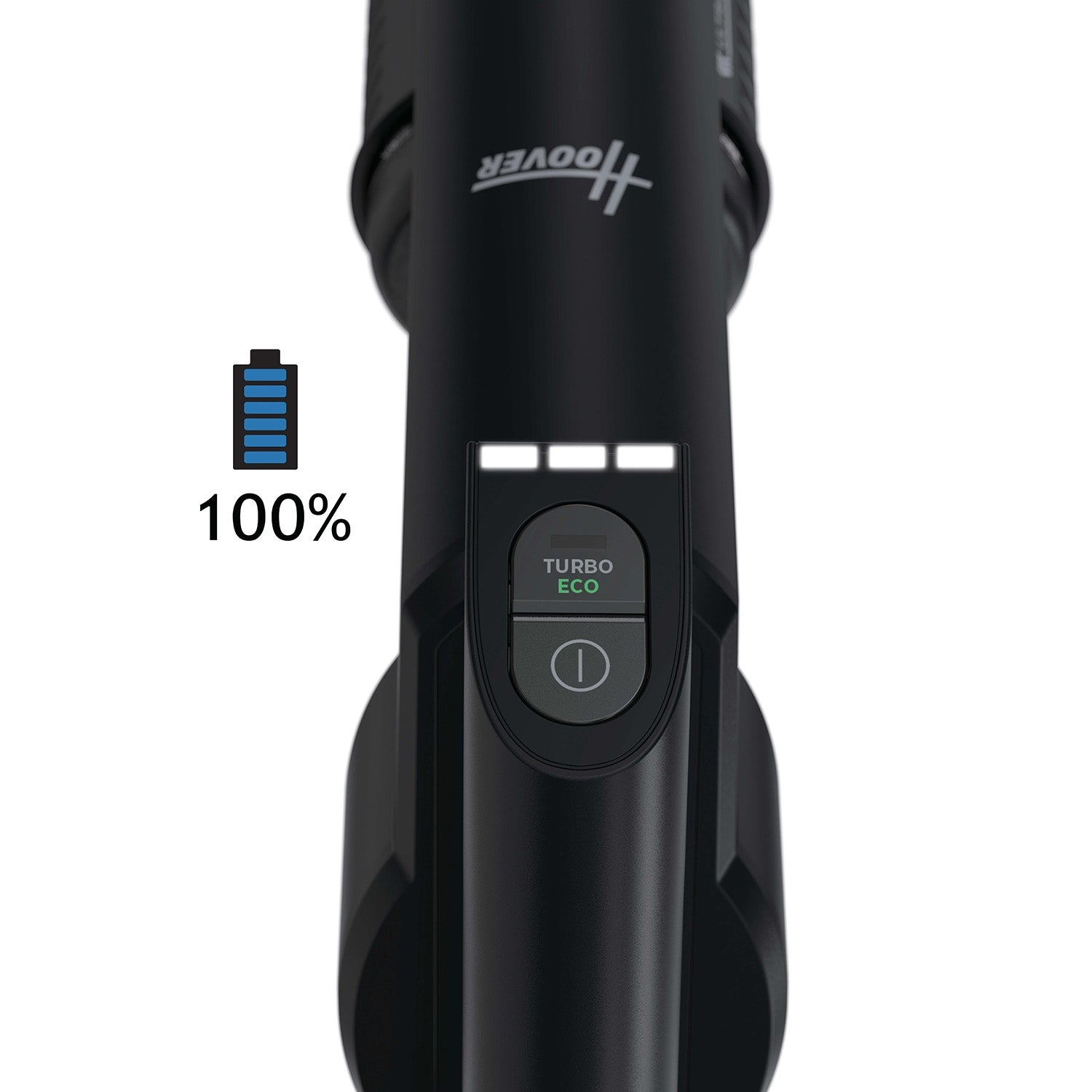 Zwart handvat stofzuiger met 100% batterij-indicator en bedieningselementen.