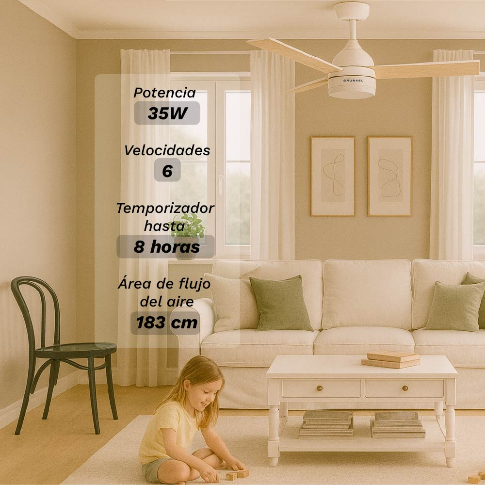 Sala con ventilador de techo, sofá, mesa, silla y un niño jugando.