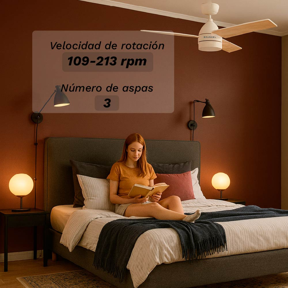 Una mujer lee en una cama bajo un ventilador de techo. Información de las aspas del ventilador es visible.