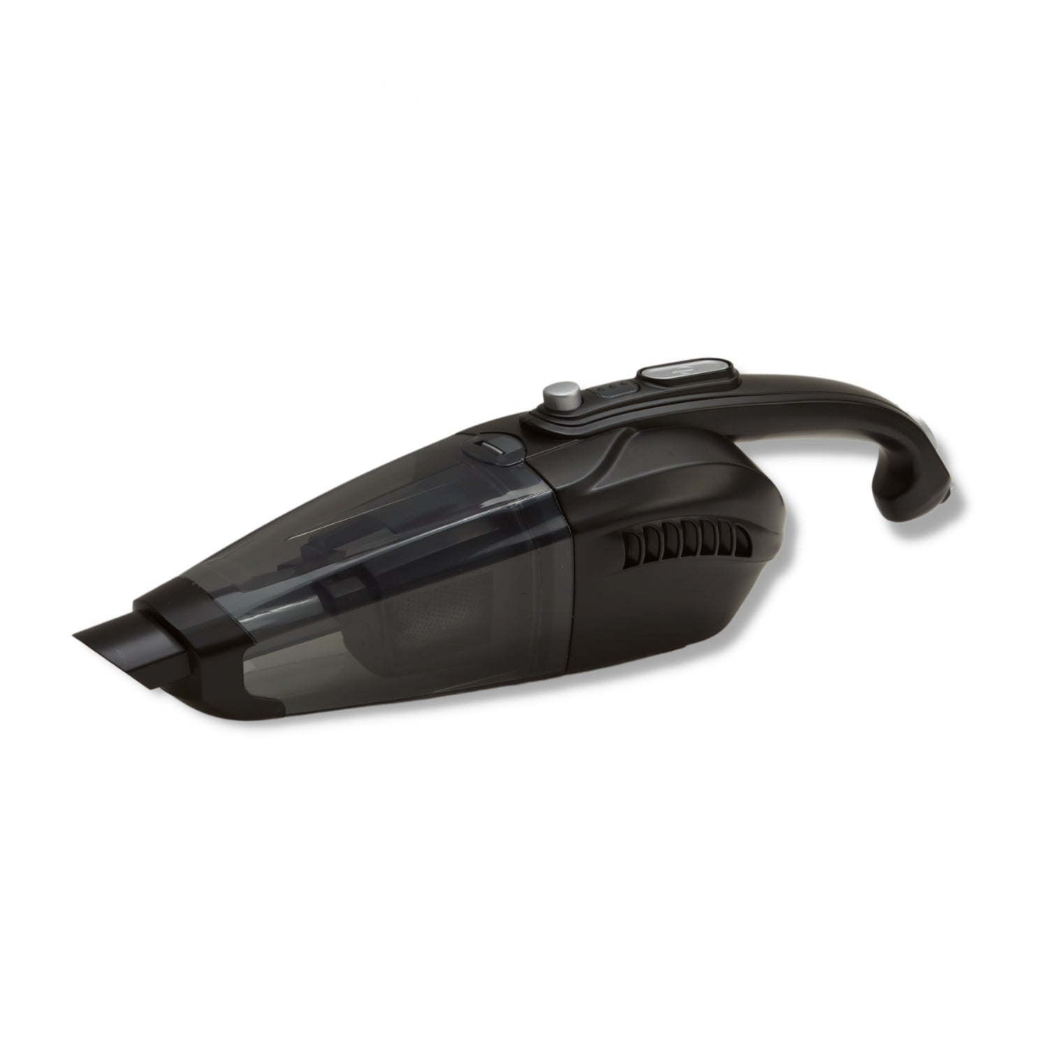 A black handheld vacuum cleaner with a transparent dustbin and handle.