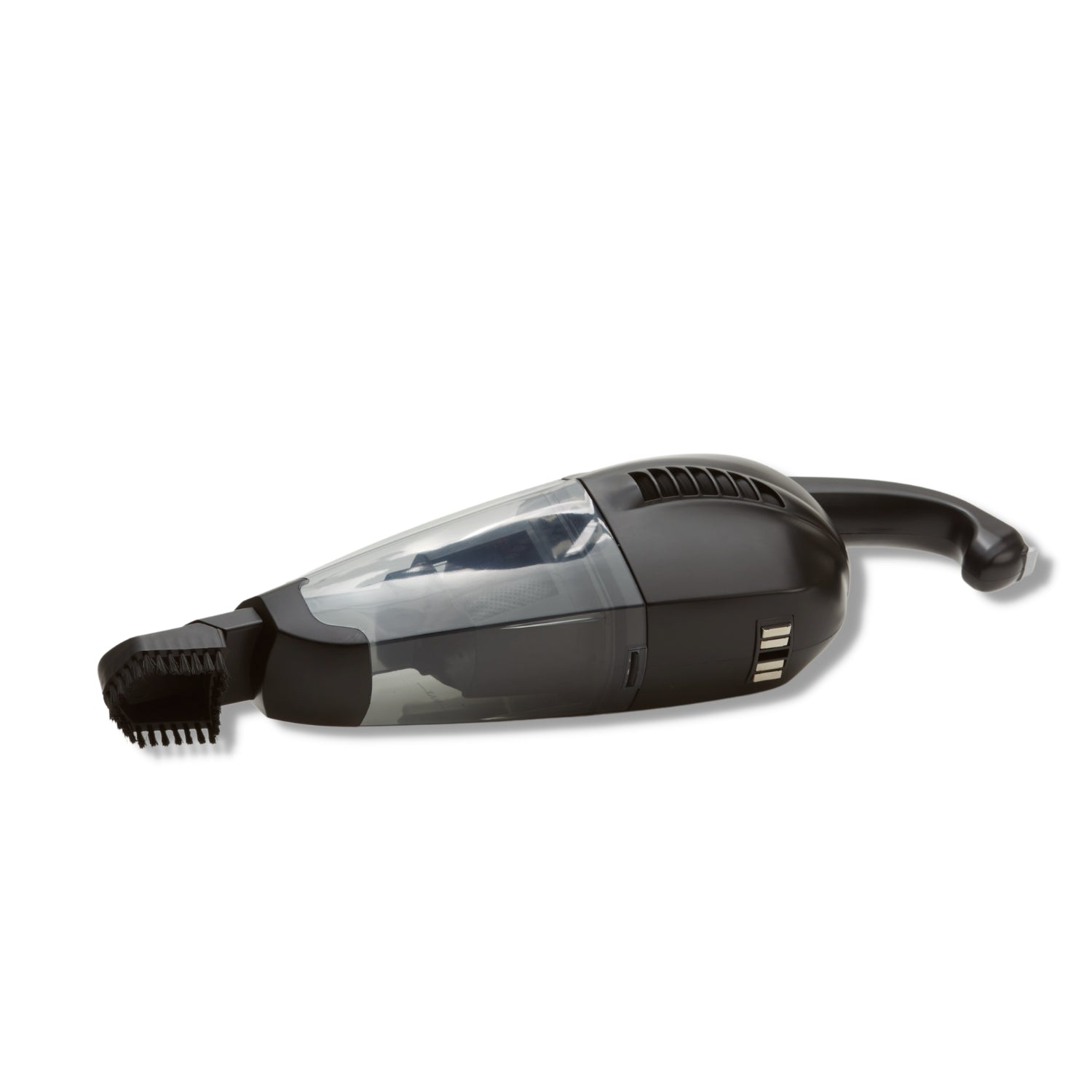 A black handheld vacuum cleaner with a transparent dustbin and brush attachment.