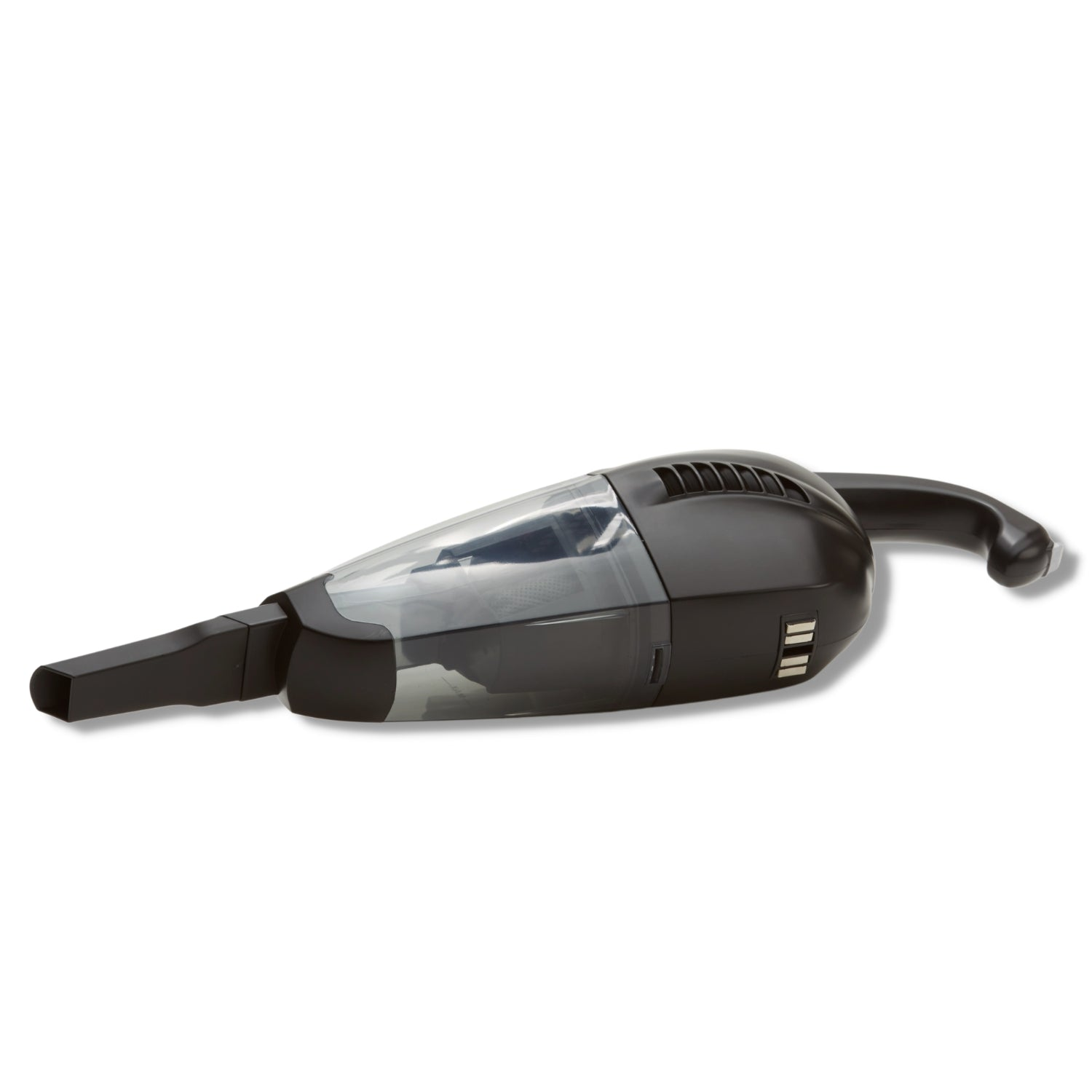 A black, cordless handheld vacuum cleaner with a clear dustbin and nozzle.