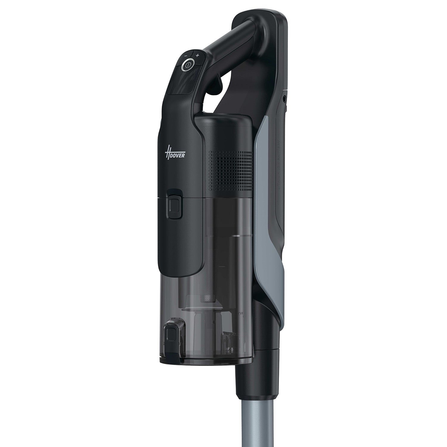 Een zwarte Hoover kruimeldief met zilveren handvat en transparante stofbak.