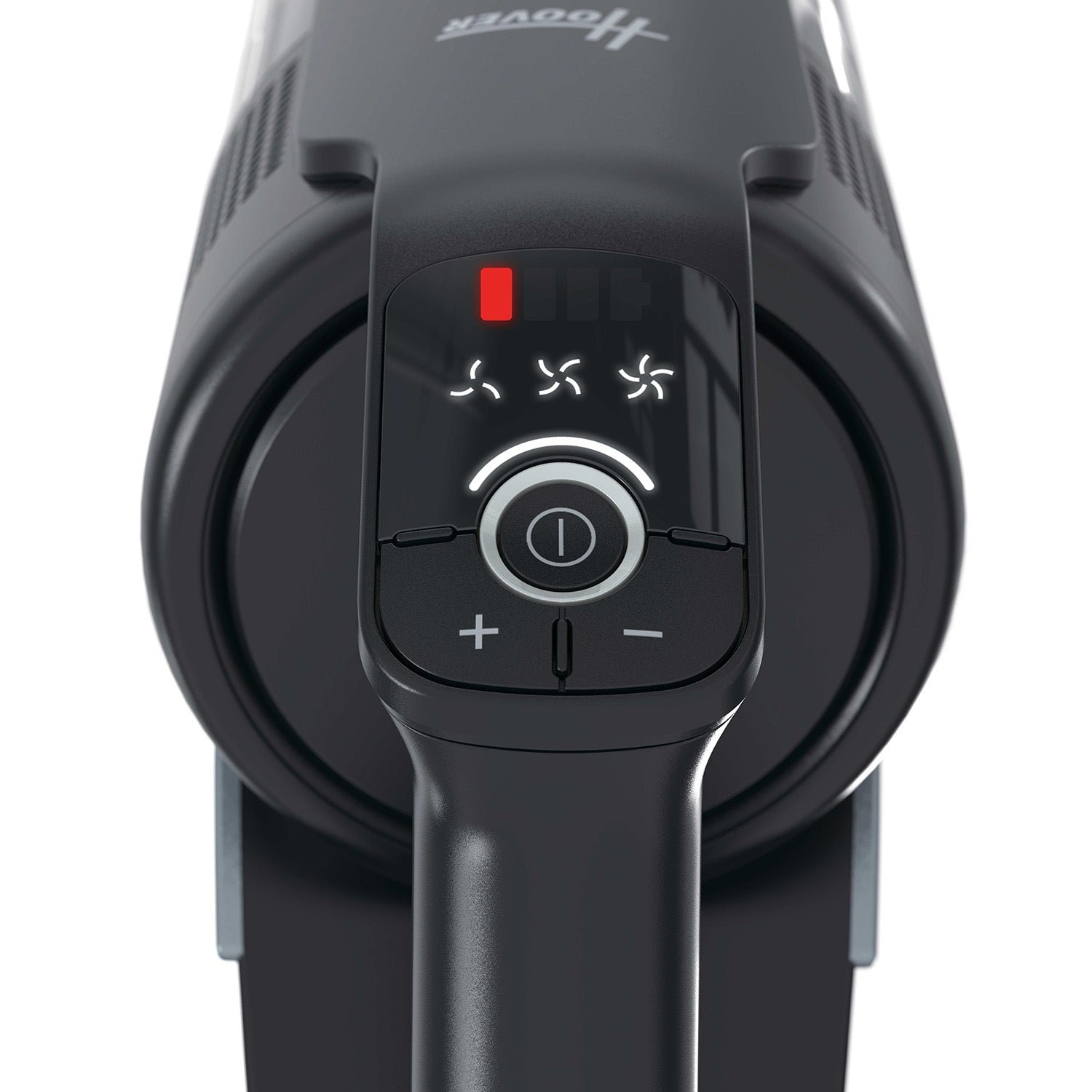 Close-up van een zwarte Hoover stofzuigerhandgreep met bedieningselementen en batterijindicator.