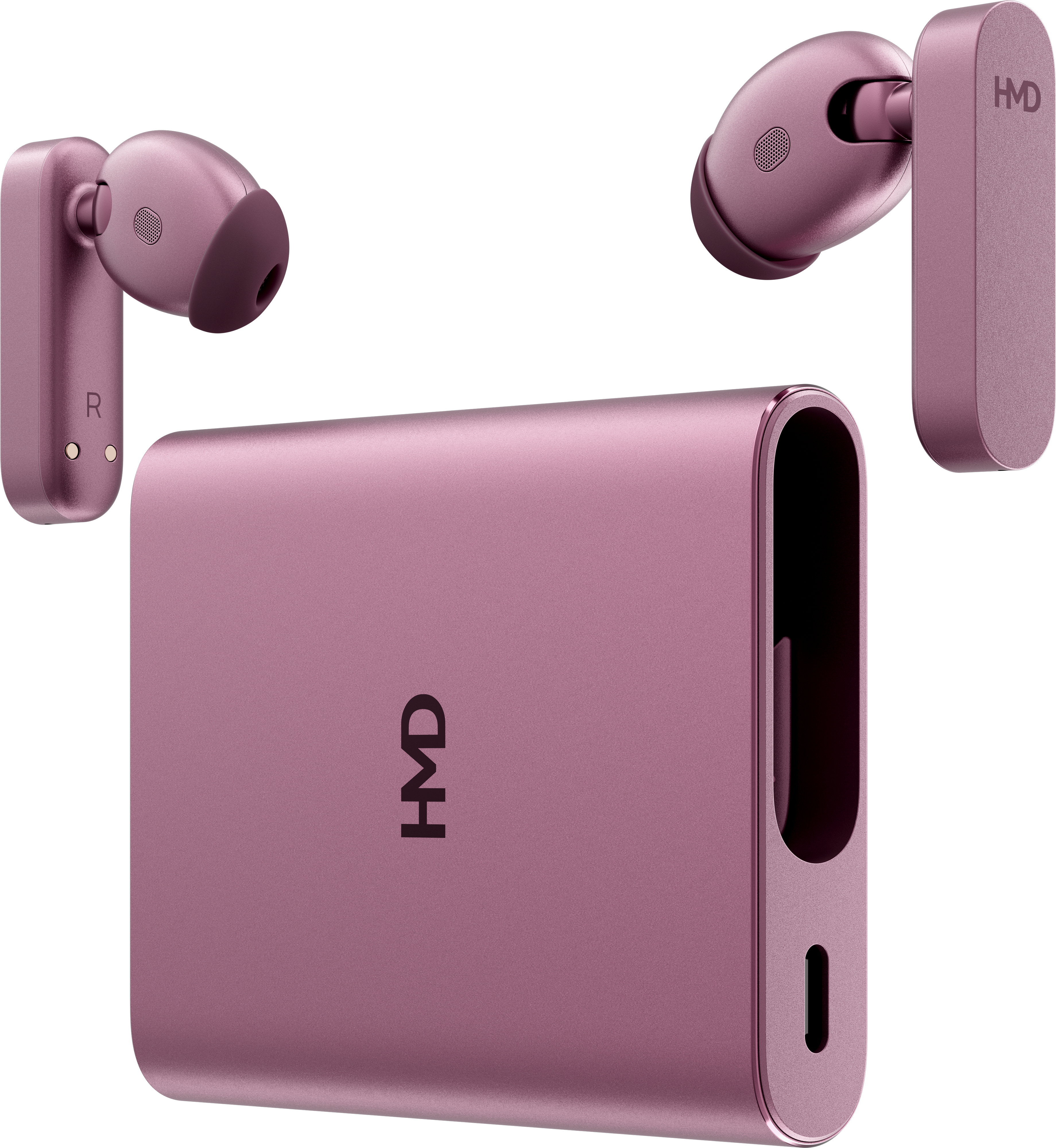 Lila Kopfhörer und Ladeetui mit HMD-Logo.