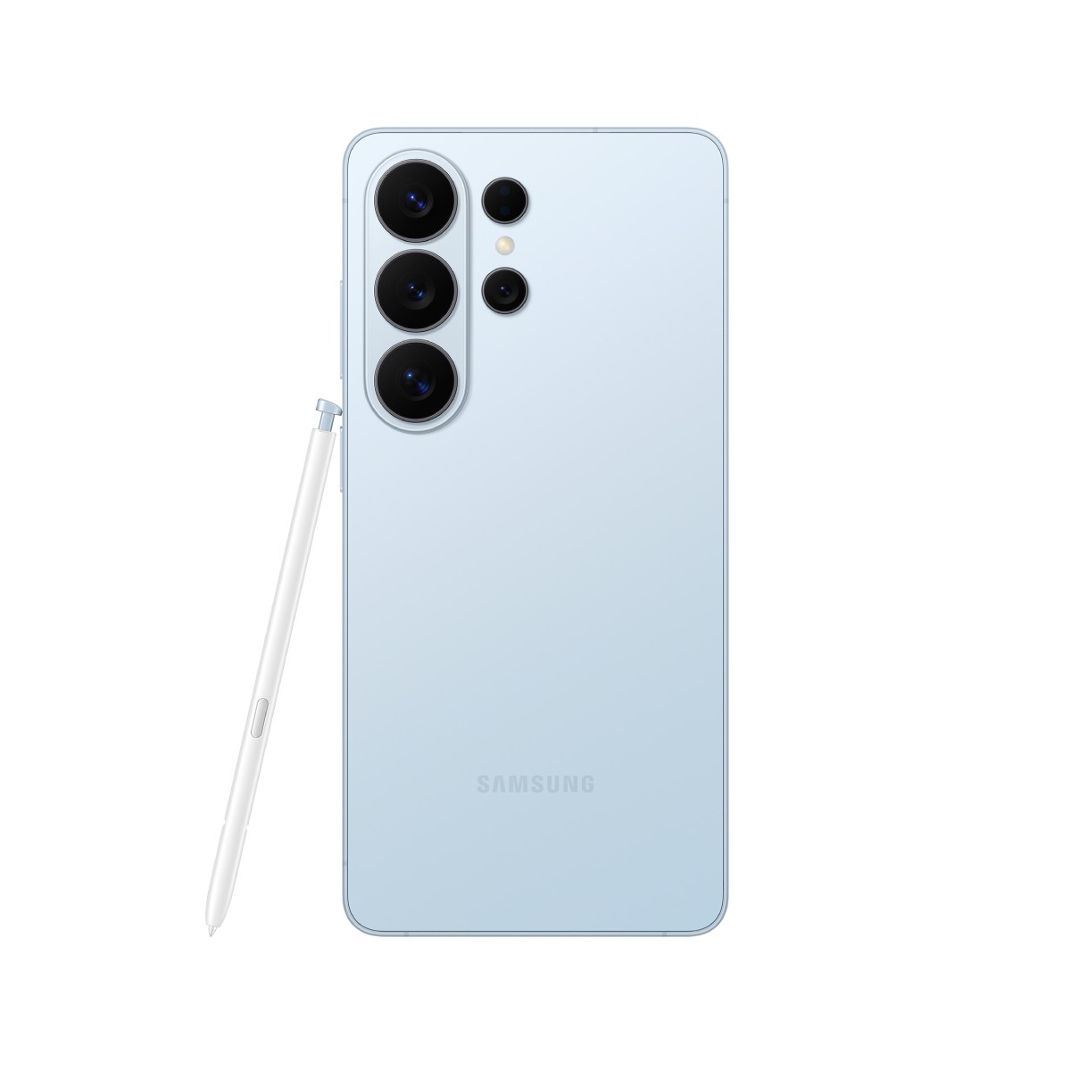 Jasnoniebieski smartfon z trzema aparatami i rysikiem obok.