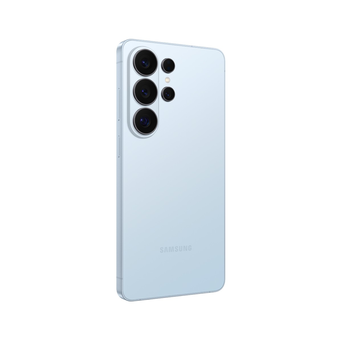 Jasnoniebieski smartfon z czterema aparatami z tyłu.
