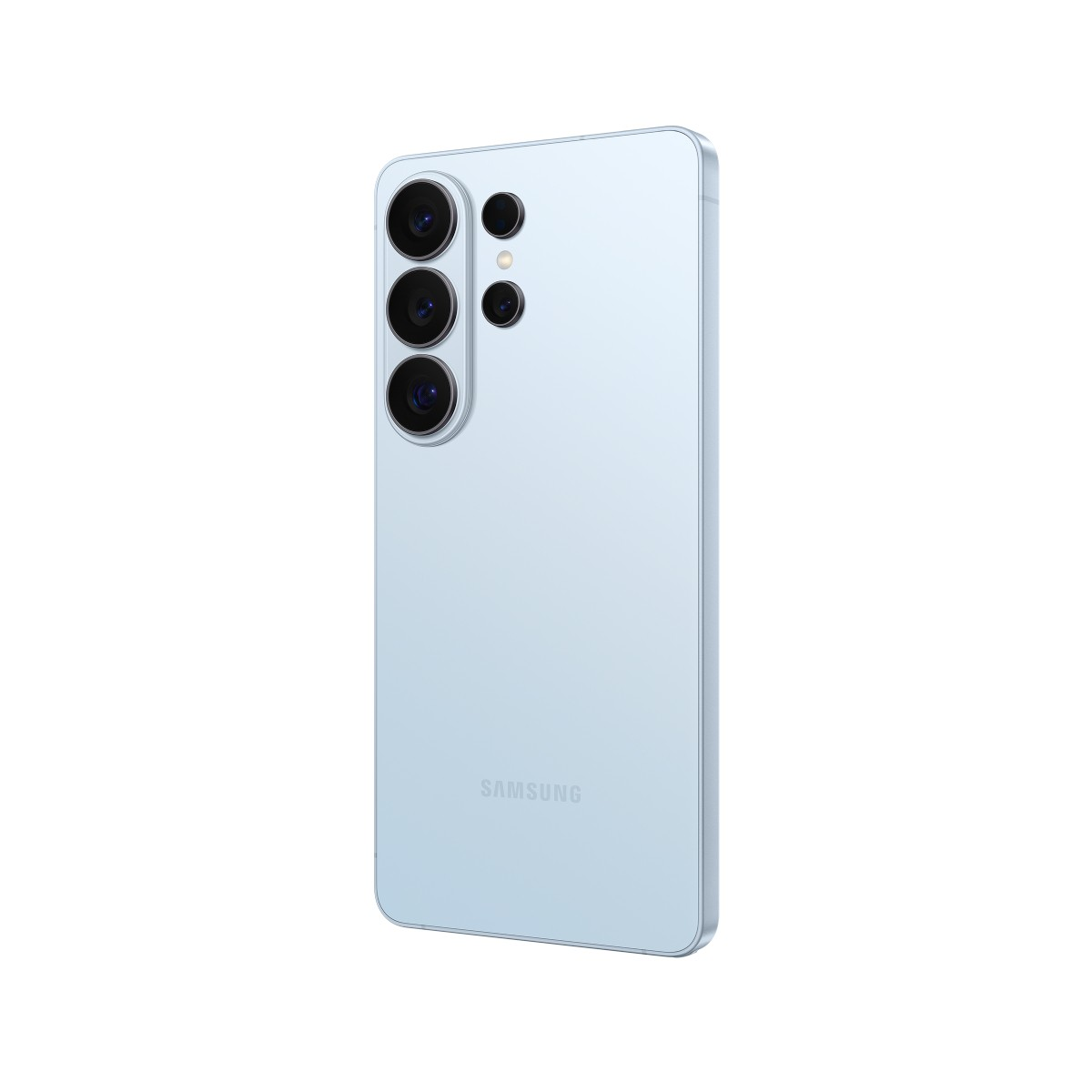 Jasnoniebieski smartfon z trzema tylnymi aparatami i logo Samsung.