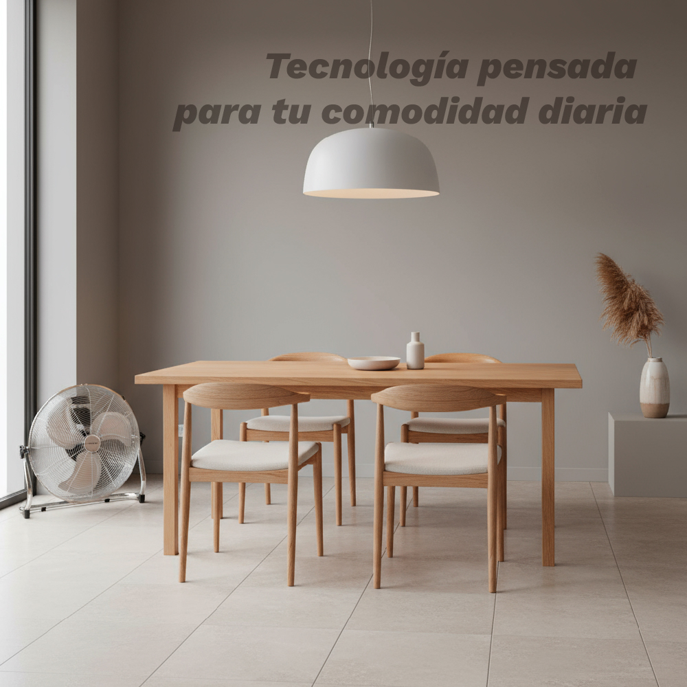 Comedor moderno con mesa de madera, sillas, ventilador y decoración.
