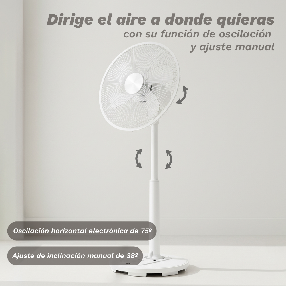 Un ventilatore da terra bianco con funzioni di oscillazione e inclinazione.