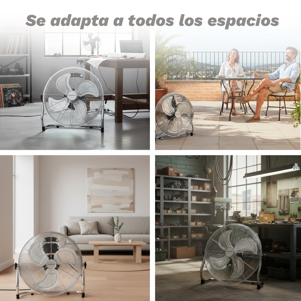 Cuatro escenas muestran un ventilador en diferentes entornos: oficina, patio, sala, taller.