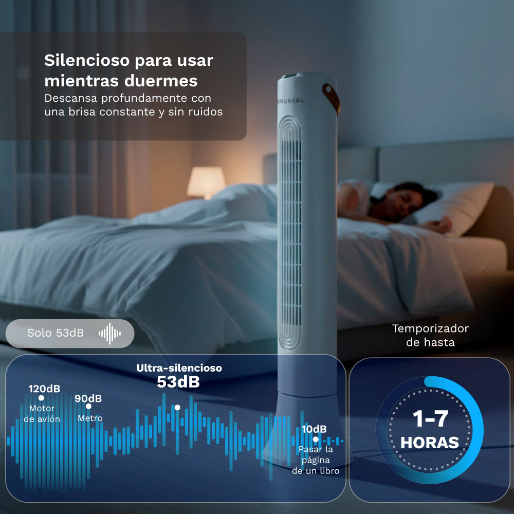 Elegancki wentylator wieżowy stoi obok łóżka, na którym śpi osoba. Podkreśla cichą pracę.