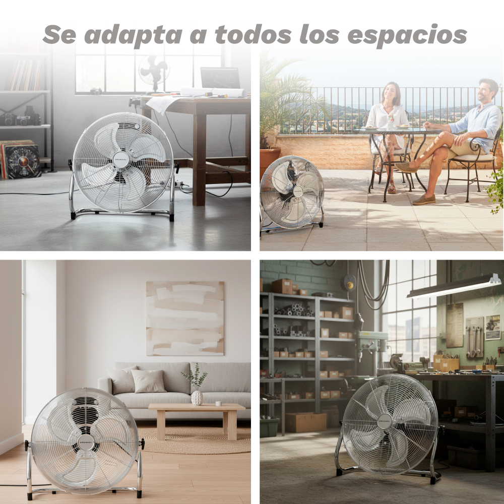Quattro scene mostrano un ventilatore argentato in diversi ambienti: ufficio, patio, soggiorno, officina.