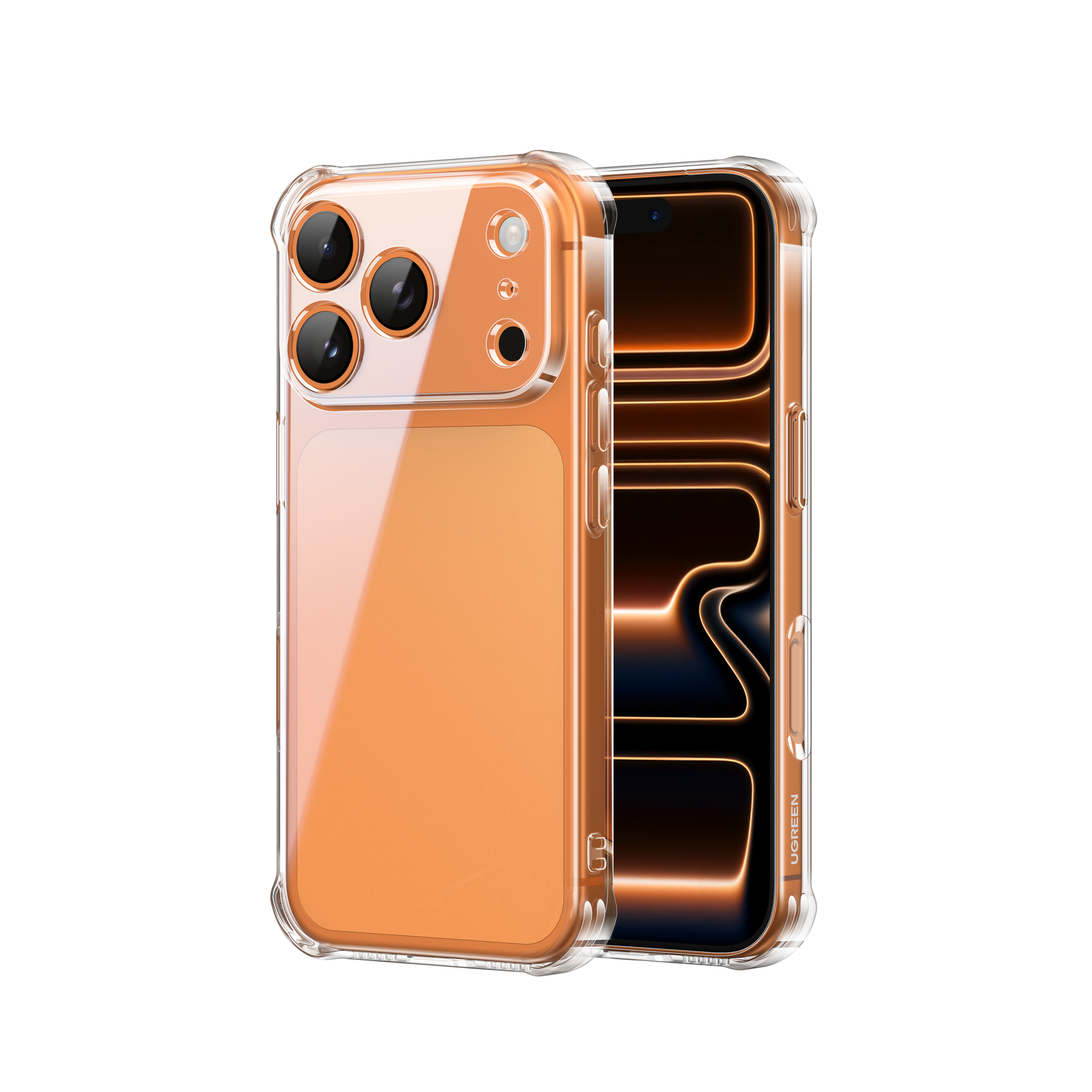 Przezroczyste etui z pomarańczowym telefonem, trzy aparaty, biały tył.