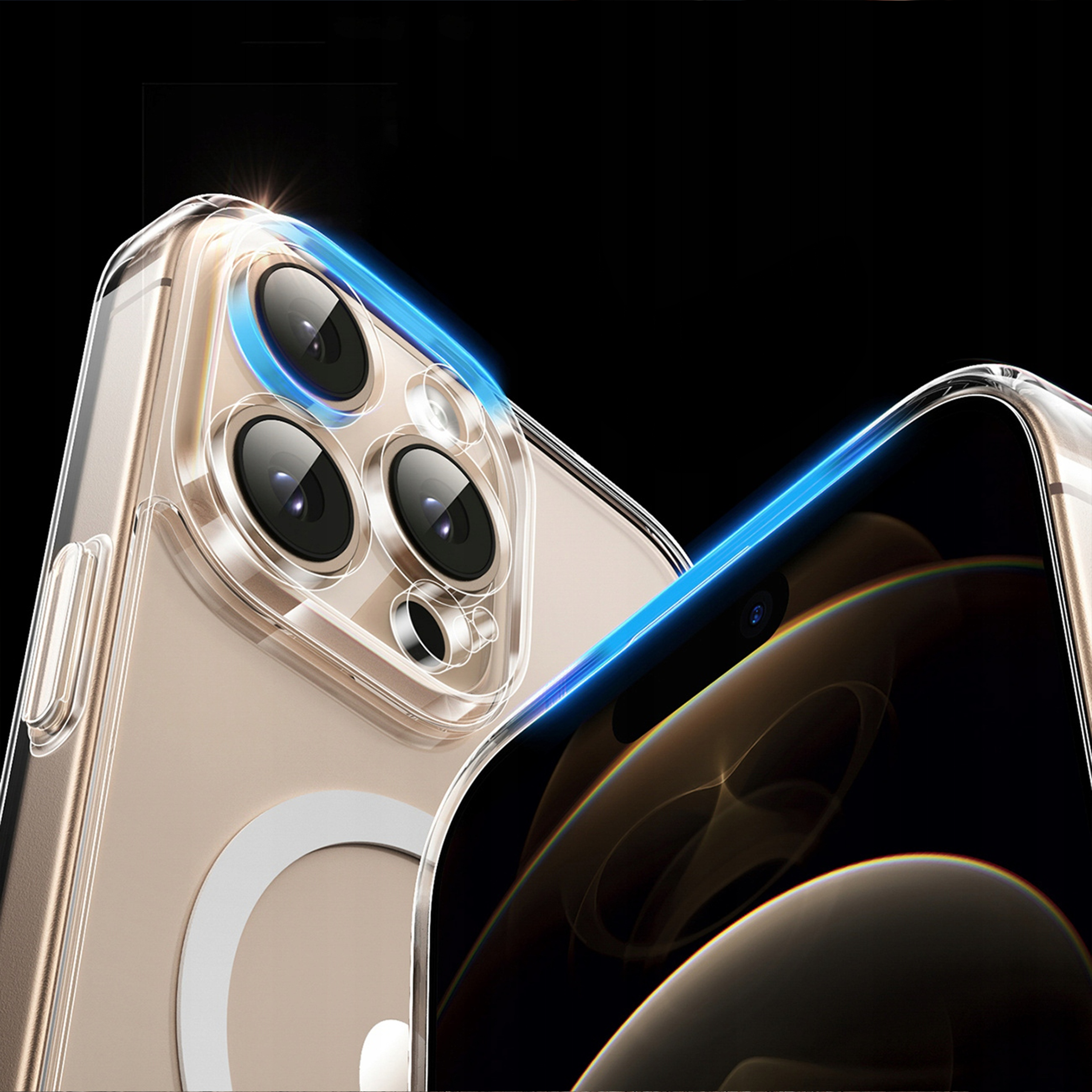 Custodia trasparente per telefono con tre fotocamere e illuminazione blu.