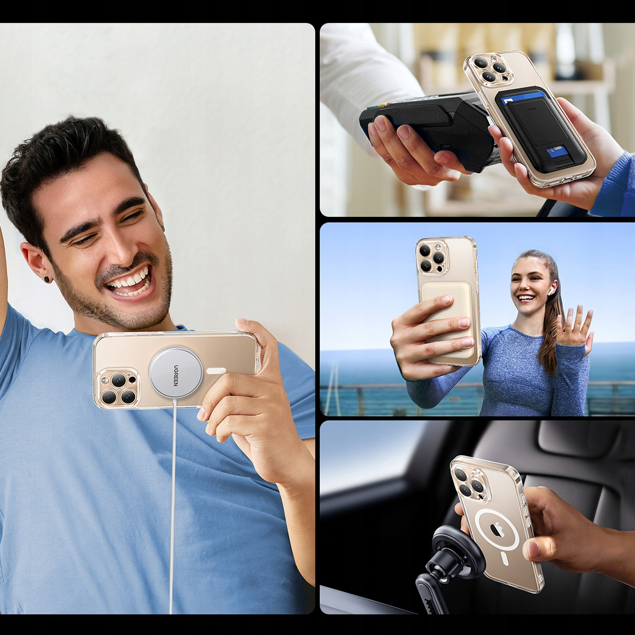Uomo con telefono e caricatore MagSafe; telefono su terminale di pagamento; donna fa selfie; telefono in supporto auto.