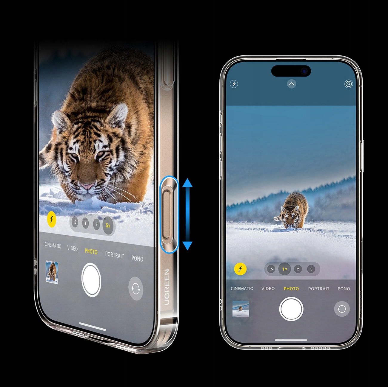 Primo piano di una tigre nella neve su uno schermo del telefono.