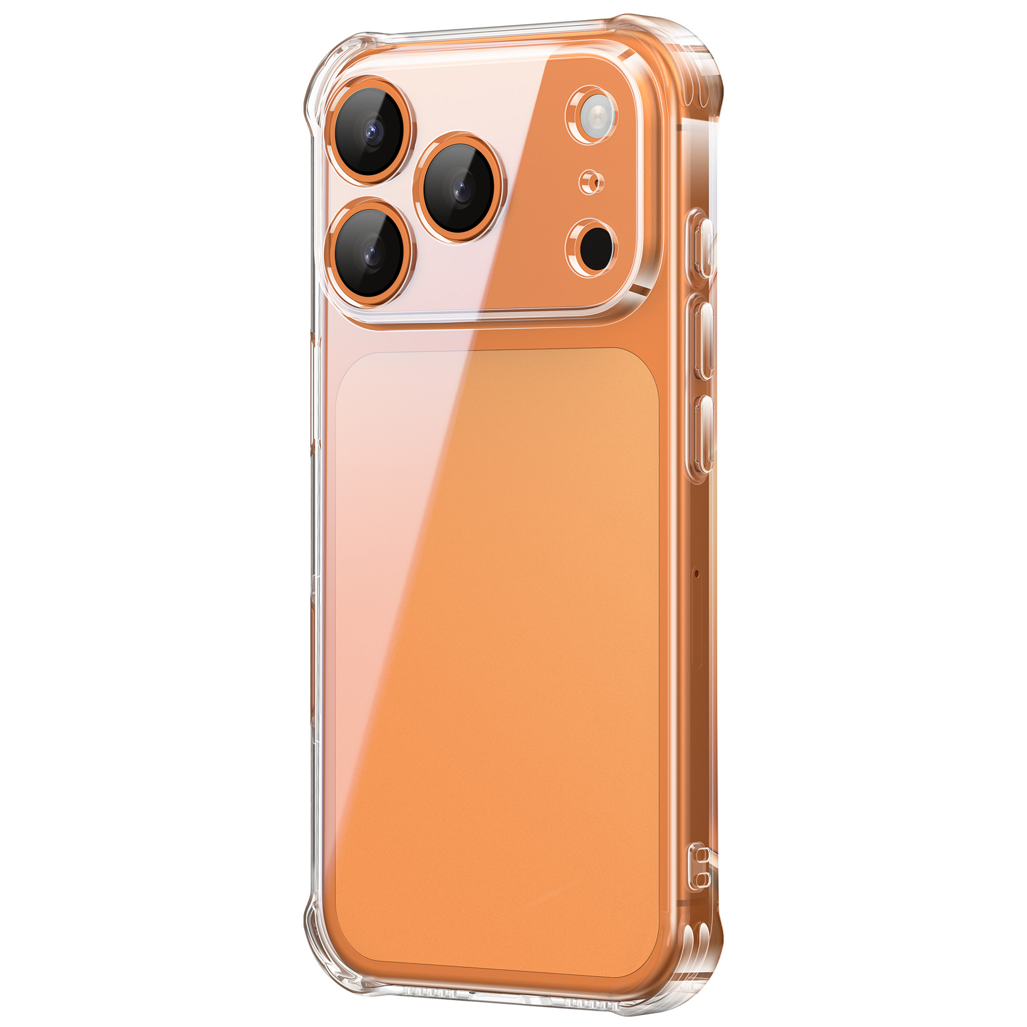 Przezroczyste etui z pomarańczowym tyłem telefonu i obiektywami.