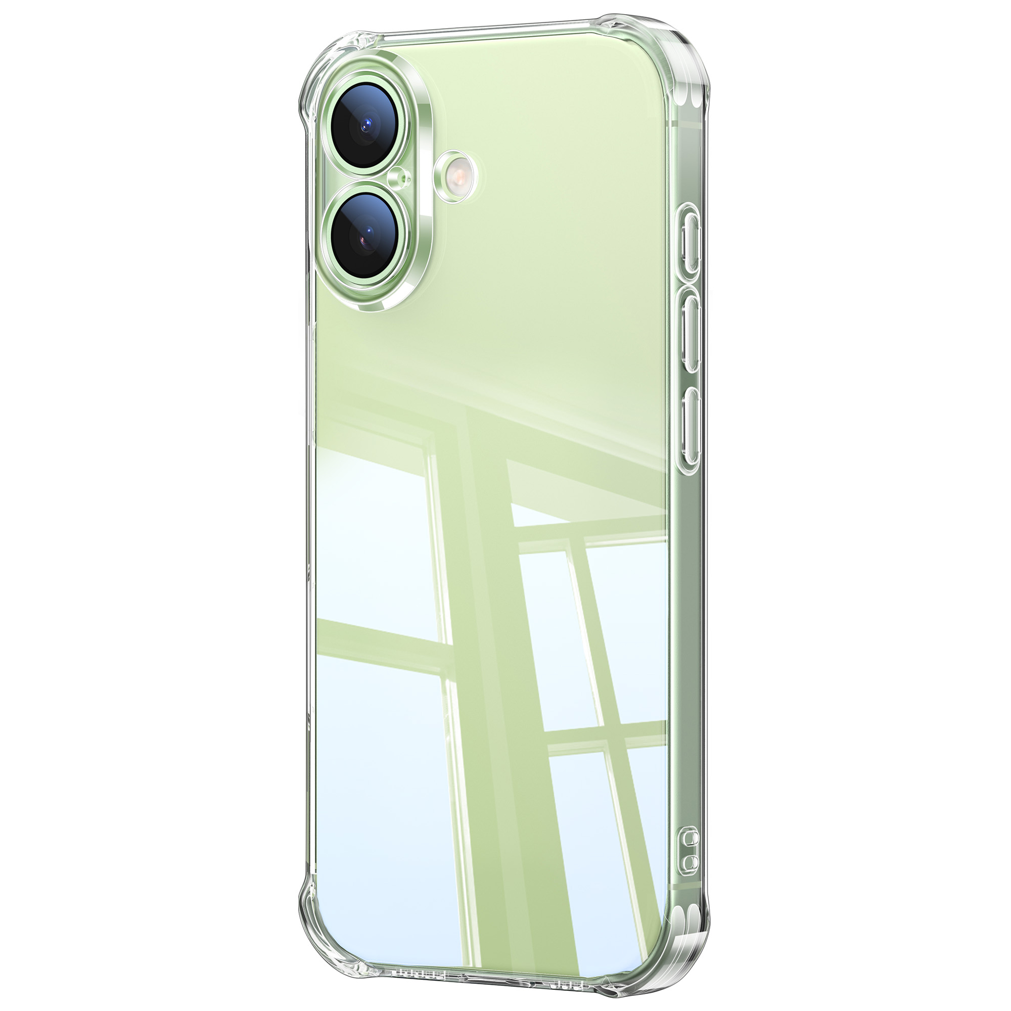 Przezroczyste etui na telefon z dwoma aparatami na jasnym tle.