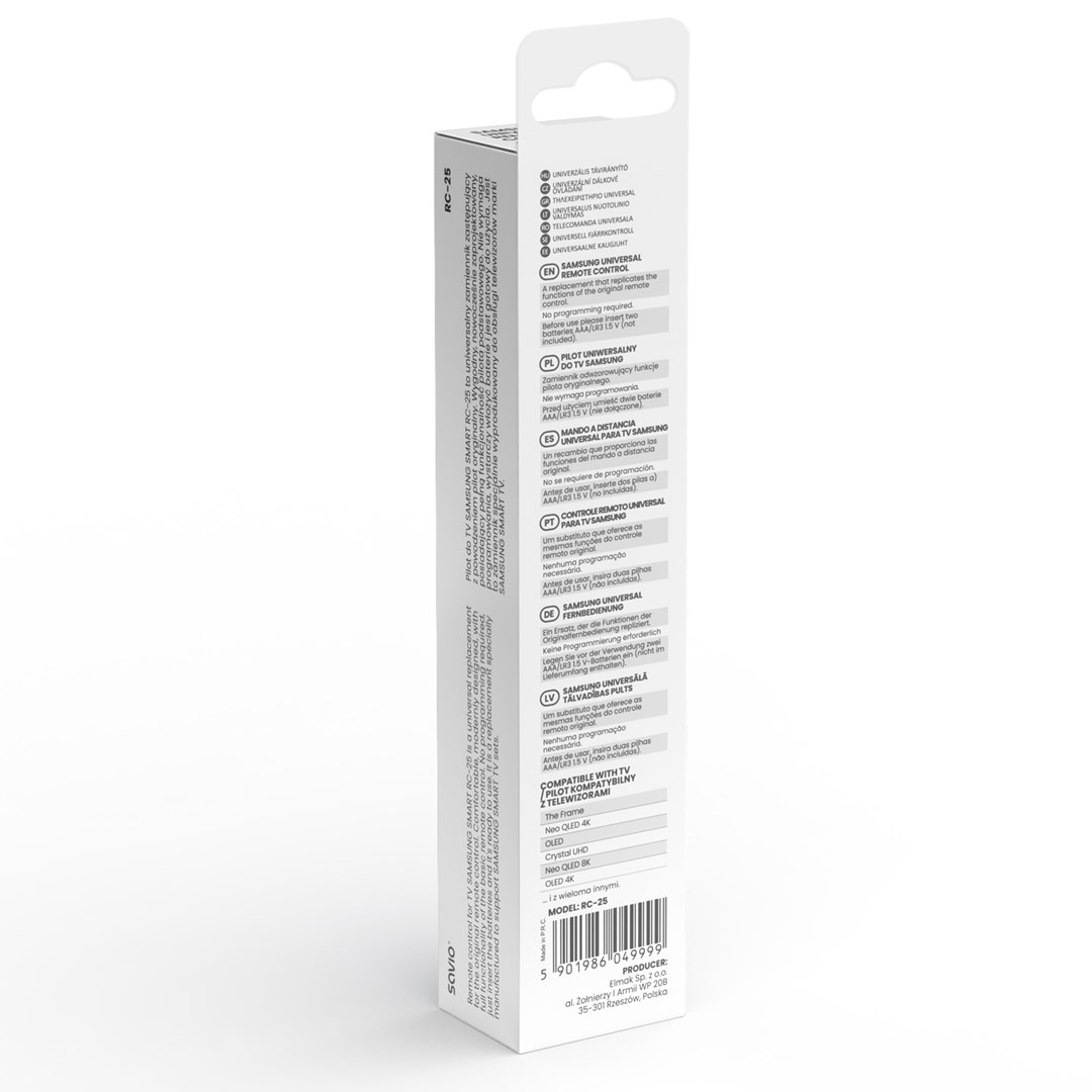Opakowanie Samsung Smart TV RC-25 z numerem modelu i listą kompatybilności.