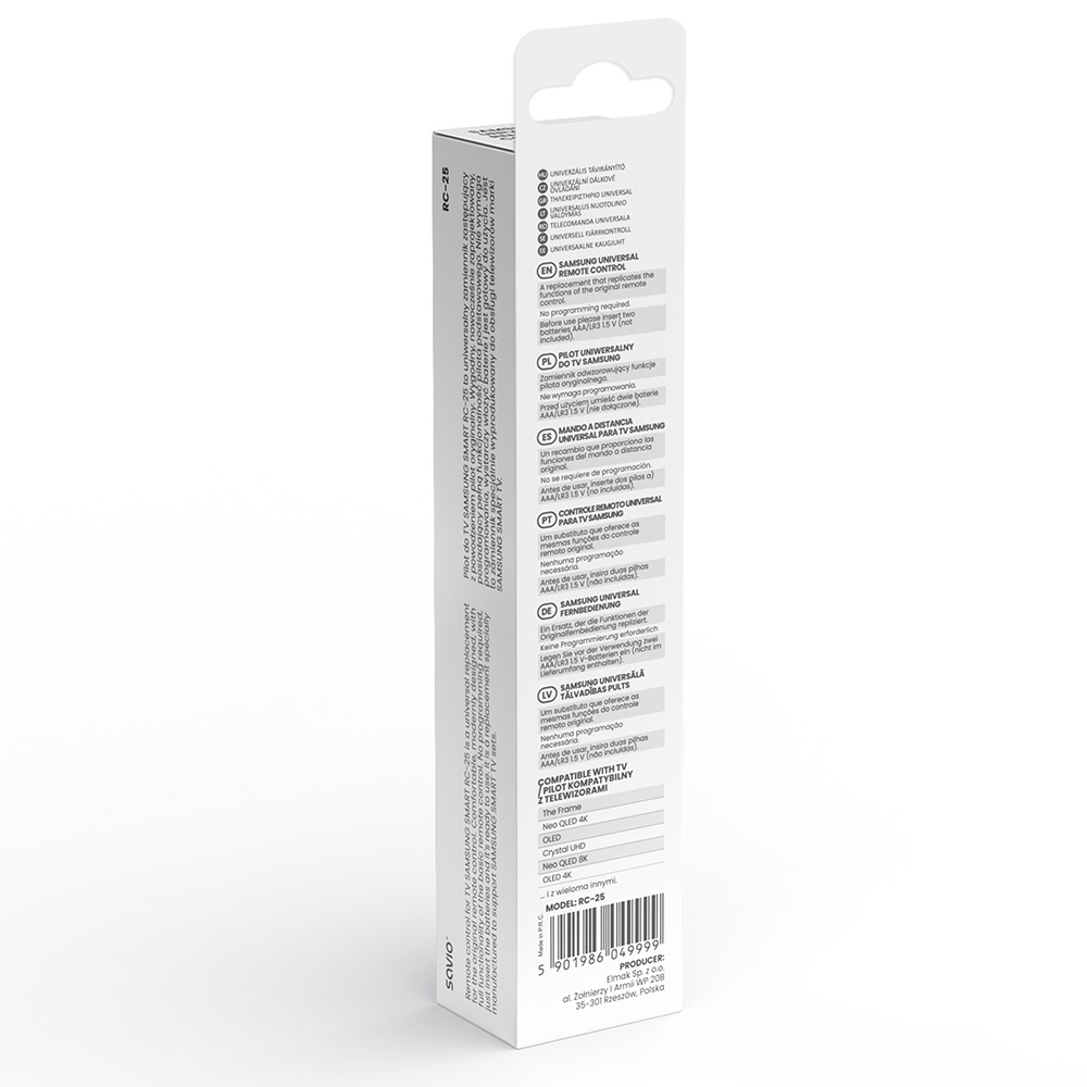Pudełko uniwersalnego pilota Samsung RC-25 z informacjami o produkcie i listą kompatybilności.