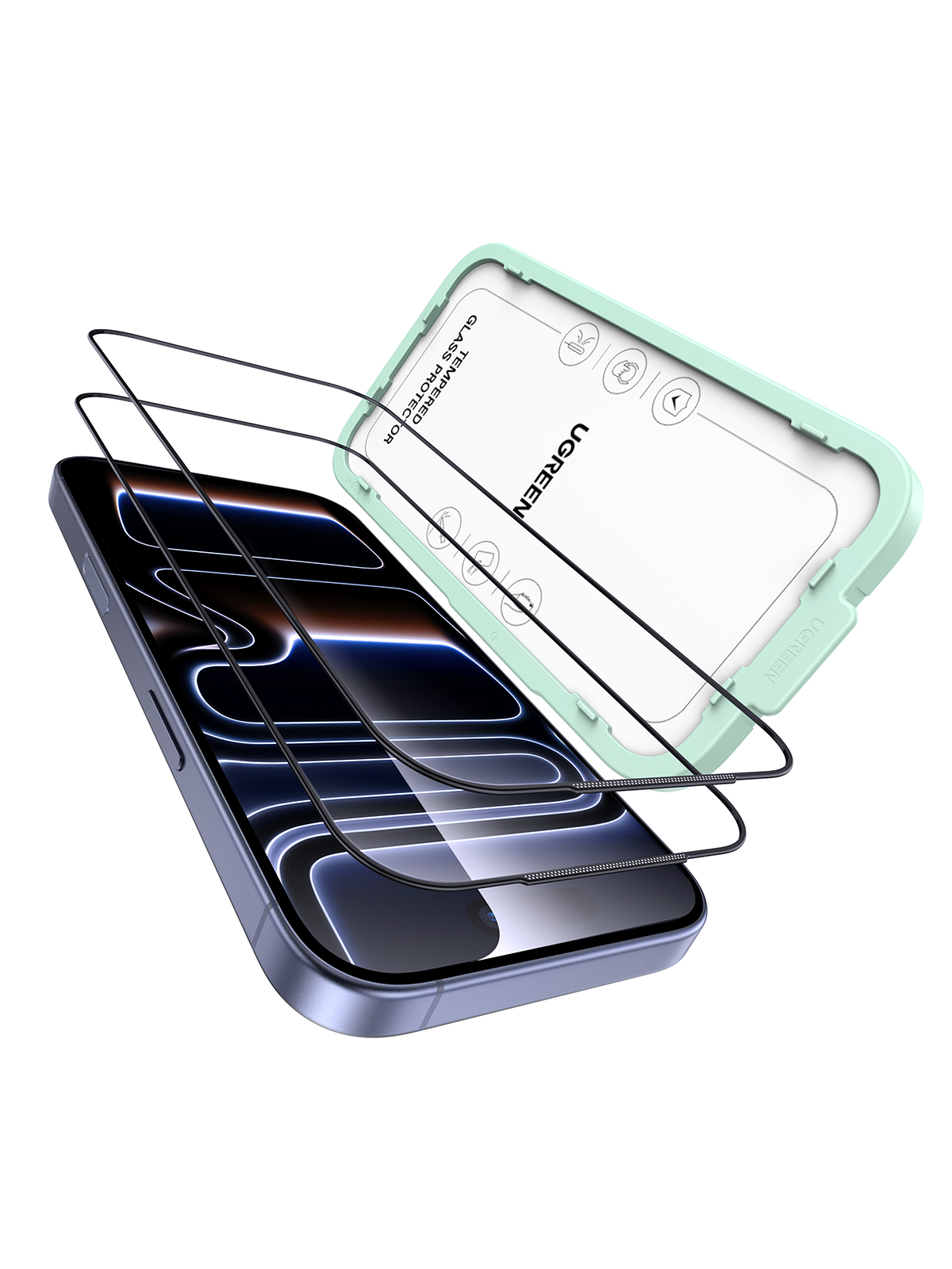 Jasnoniebieski smartfon z hartowanym szkłem ochronnym i ramką instalacyjną.