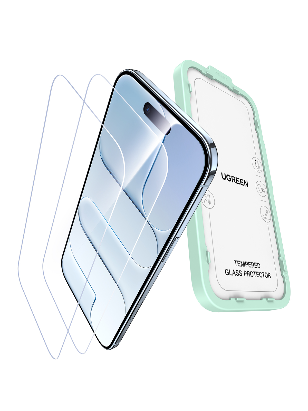 Un smartphone plateado con protector de pantalla y funda verde menta sobre fondo blanco.