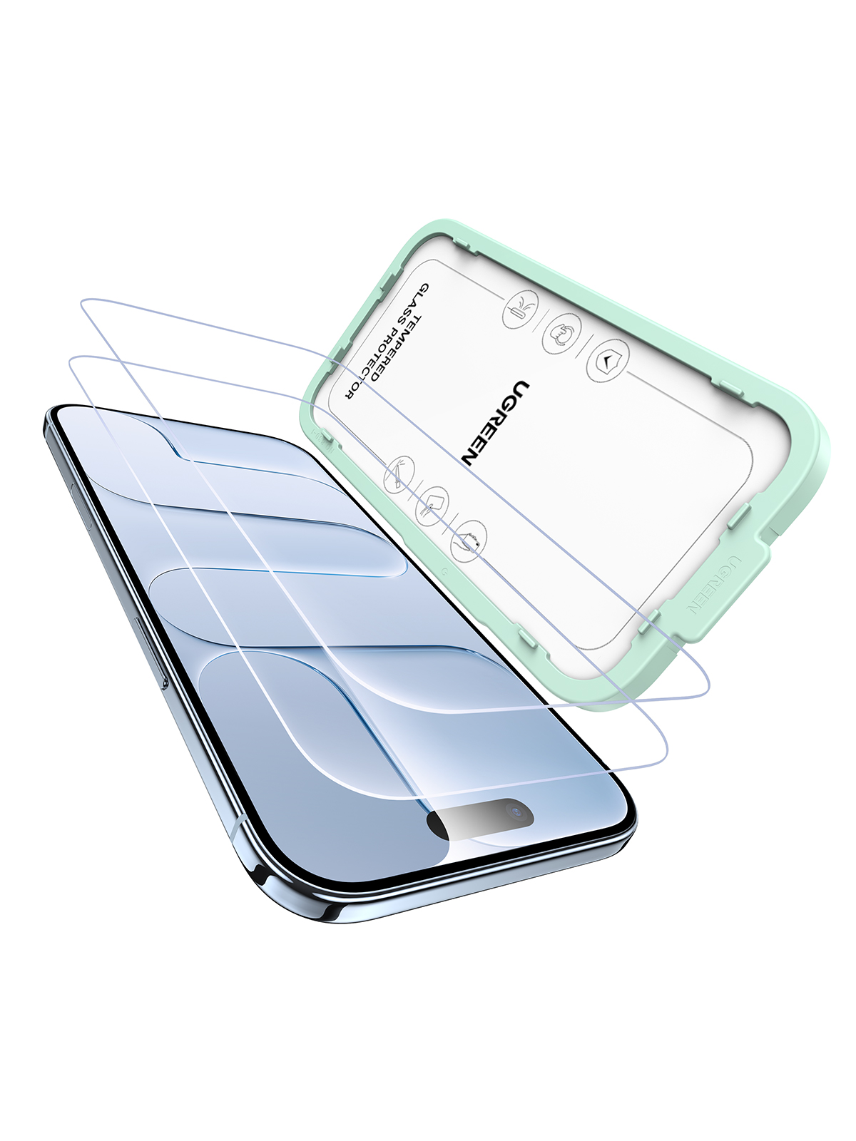 Un marco verde para protectores de pantalla yace sobre un smartphone.