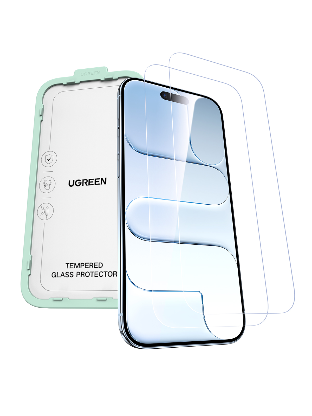 Un marco verde y dos protectores de pantalla junto a un smartphone.