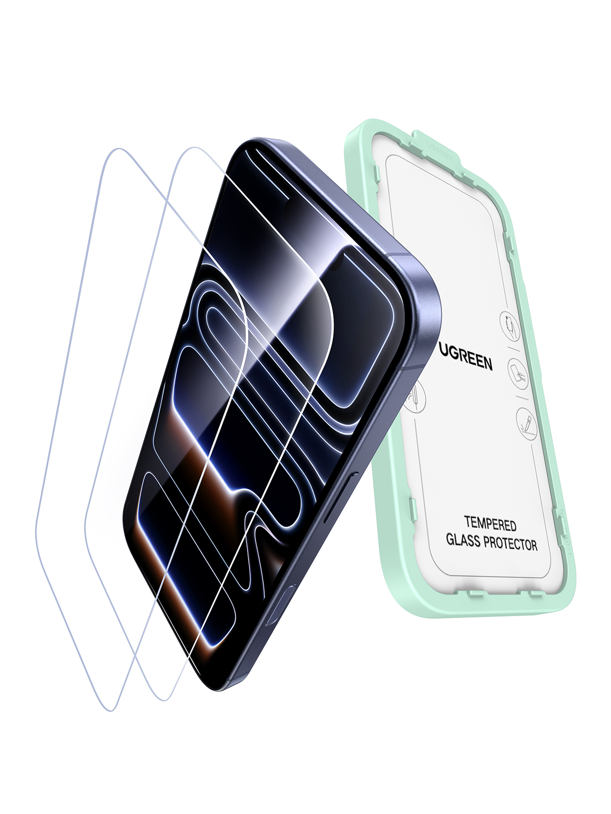 Smartfon z dwiema osłonami ekranu i miętowo-zielonym etui.