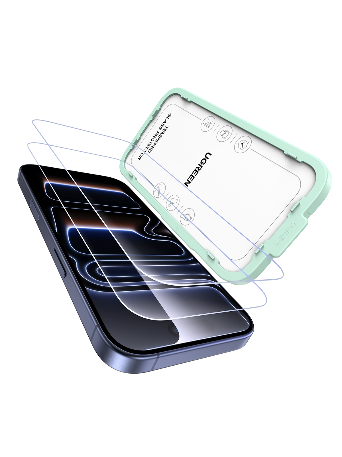 Ciemnoniebieski smartfon z jasnozieloną ramką ochronną ze szkła hartowanego.