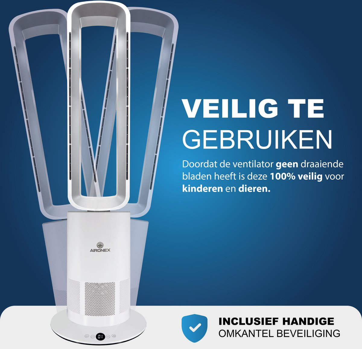 A white bladeless tower fan on a blue background, safe for children and pets.