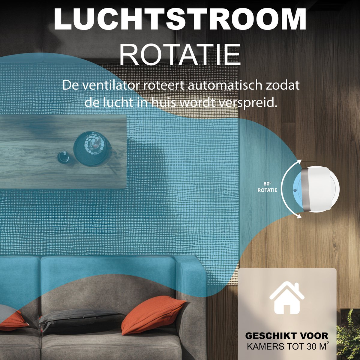 A white fan rotates 80 degrees on a wooden floor, next to a sofa.