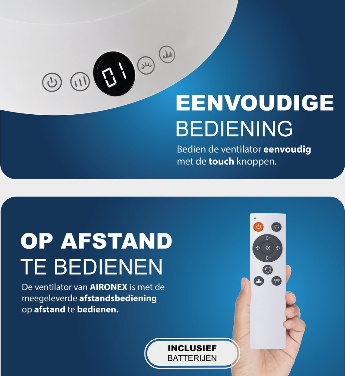 A fan with touch controls and remote control.