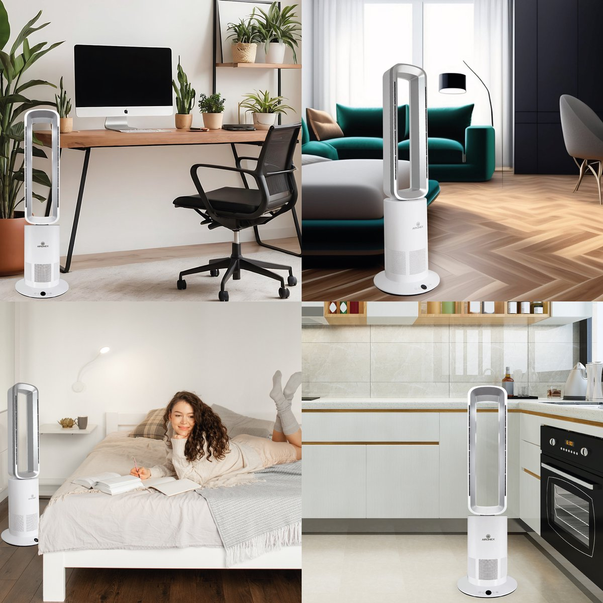 A vertical fan shown in four different home settings: office, living room, bedroom, and kitchen.