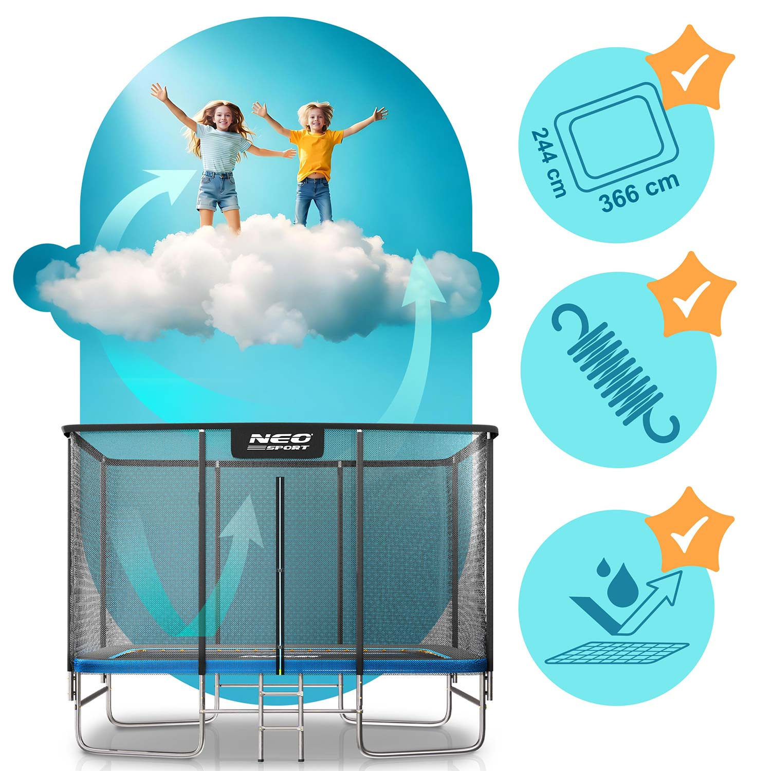 Prostokątna trampolina z dwójką dzieci skaczących na chmurze nad nią oraz trzema okrągłymi ikonami z zaznaczeniami.