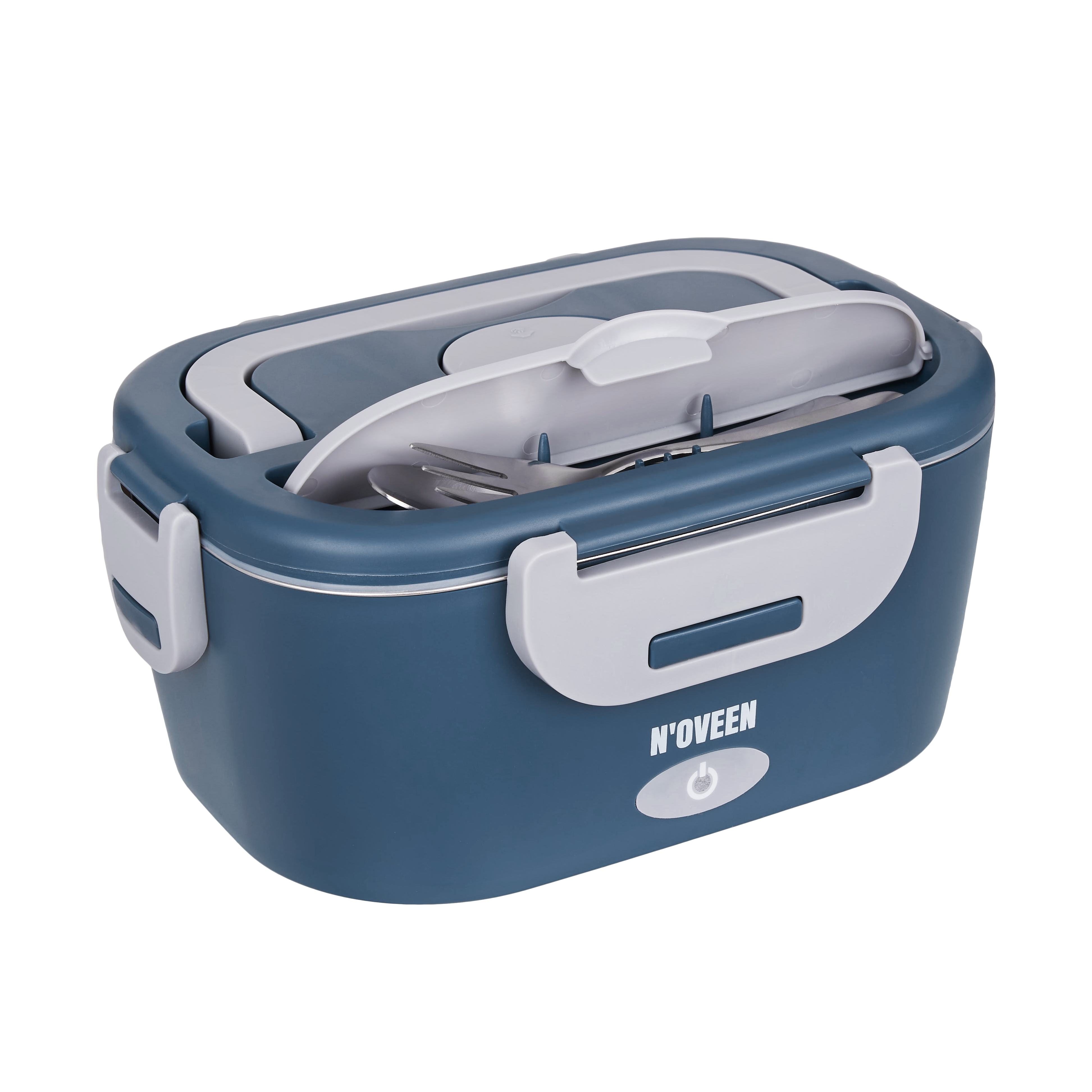 Lunchbox blu con posate e simbolo di riscaldamento.
