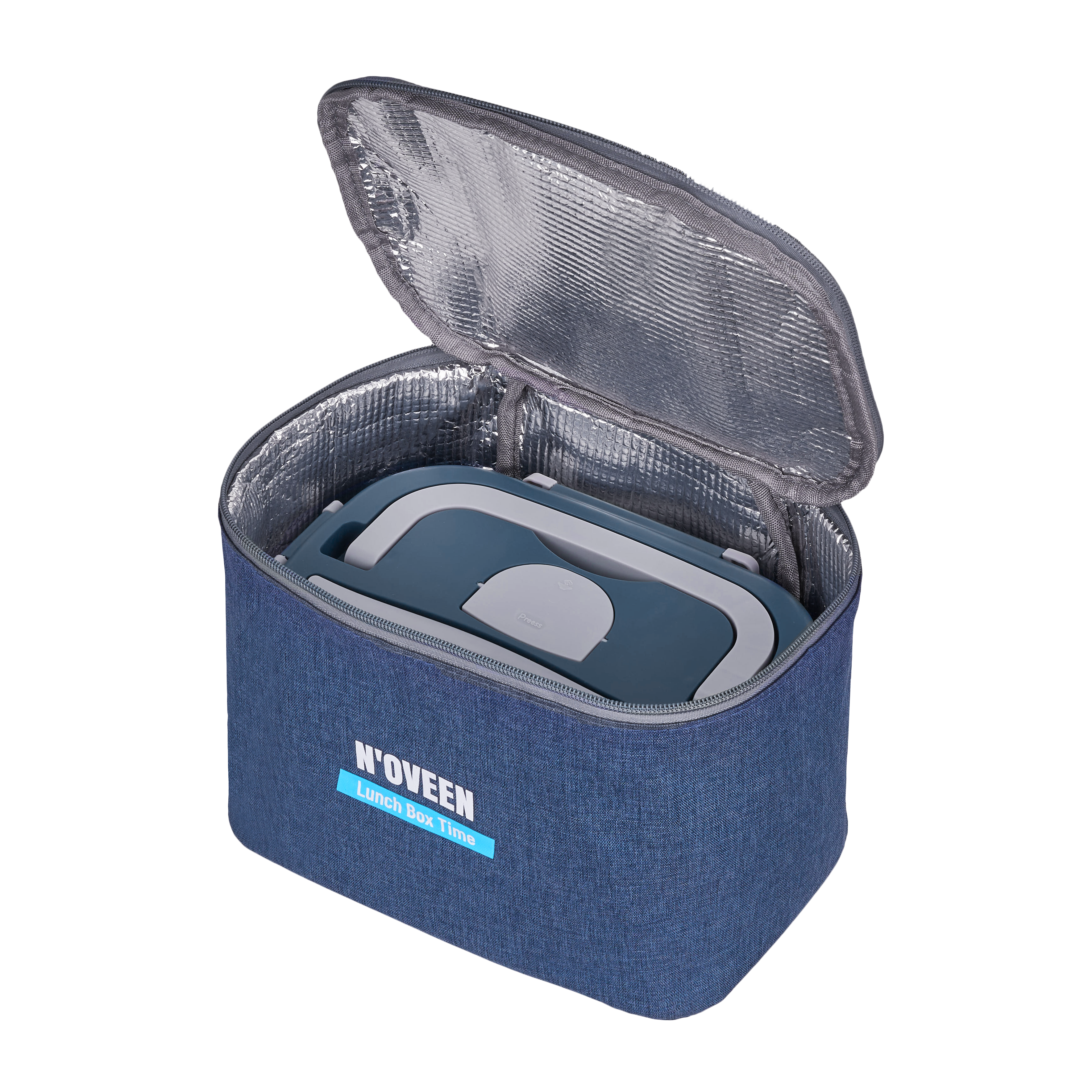 Borsa blu per pranzo con fodera argentata, aperta che mostra il contenitore.