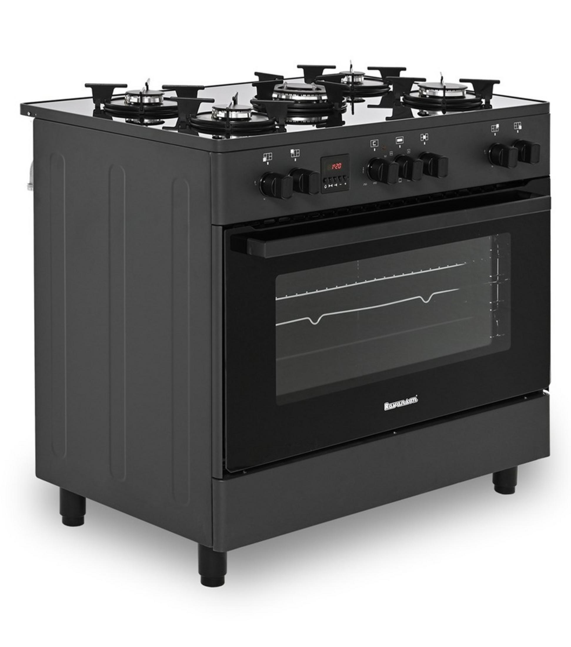 Fornello a gas nero con quattro fuochi e forno con porta in vetro.