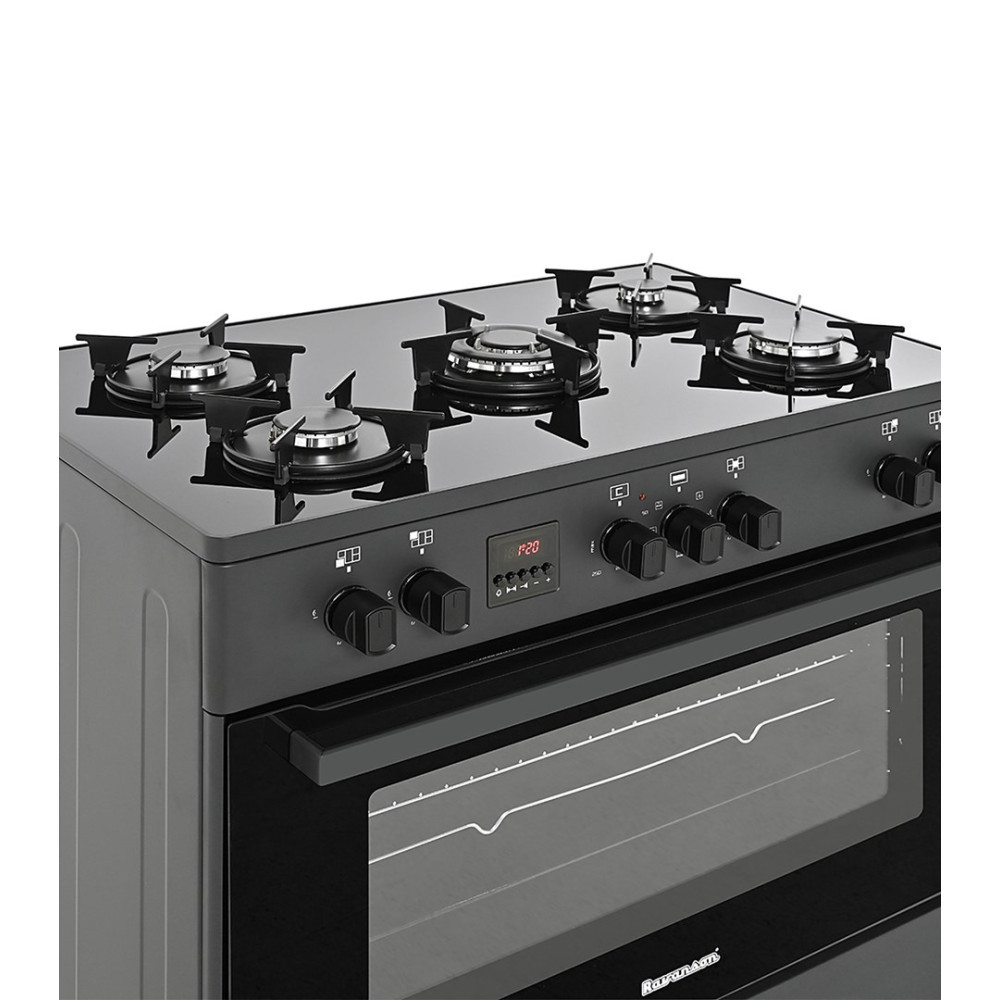 Un fornello a gas nero con cinque fuochi su piano in vetro e forno.