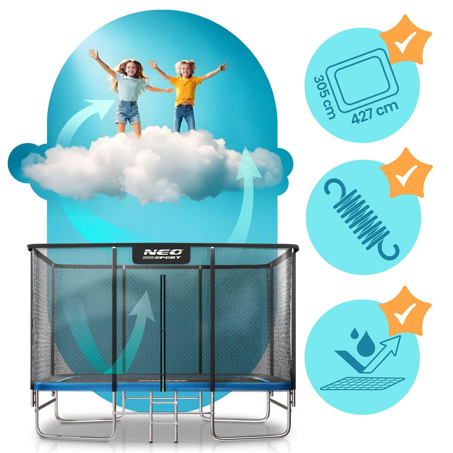 Trampolina z siatką zabezpieczającą i dwójką dzieci na chmurze.