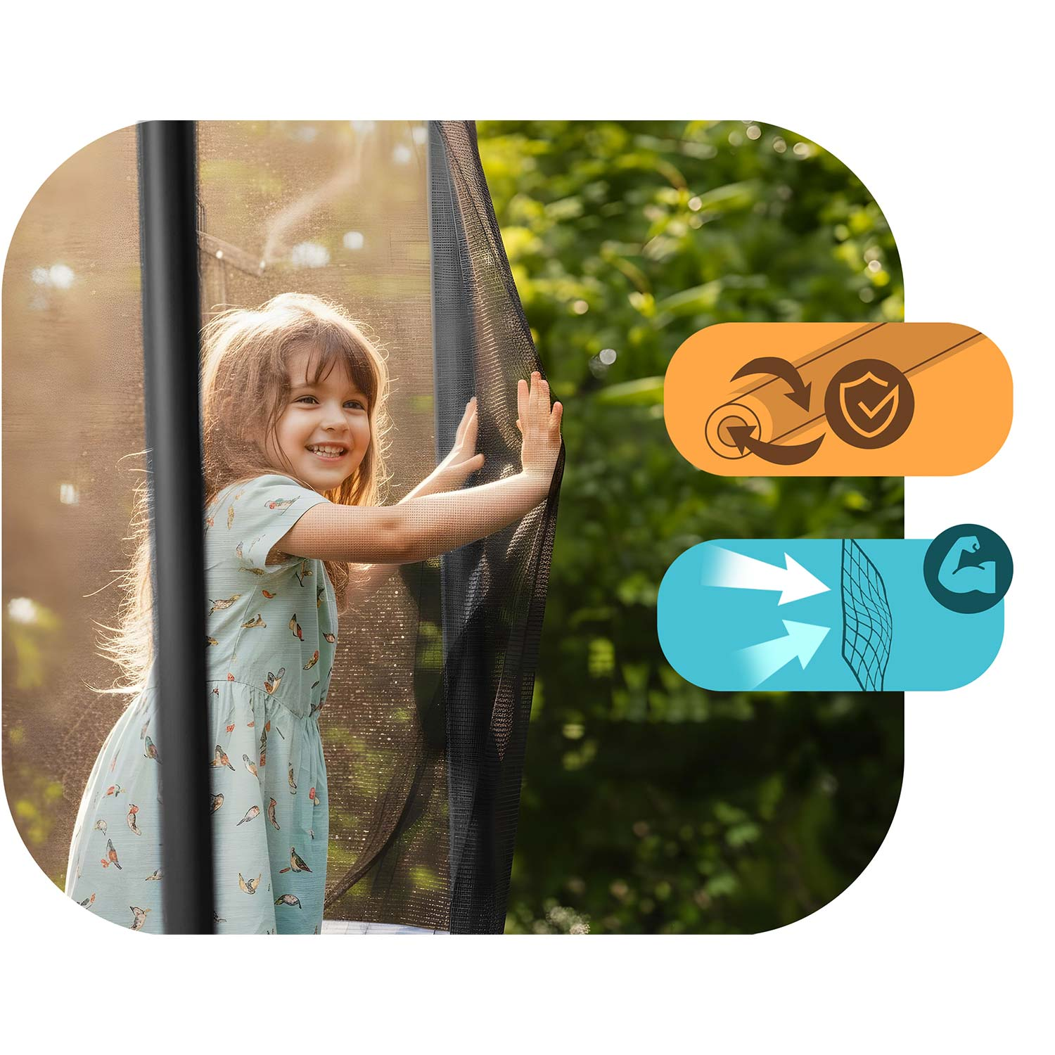 Dziewczynka w sukience w ptaki stoi na trampolinie.