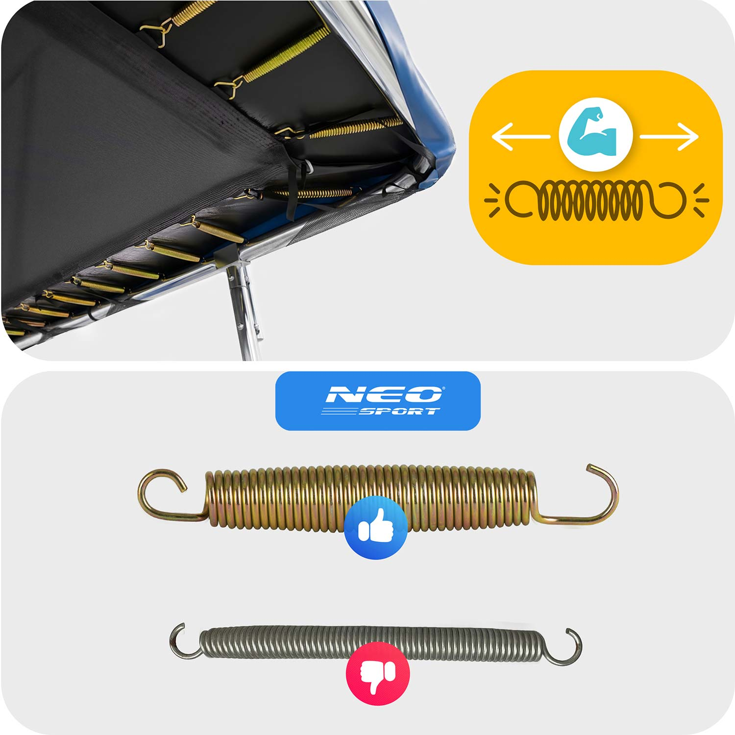 Sprężyny trampoliny: Góra pokazuje mocną sprężynę, dół słabą. Logo "NEO SPORT".