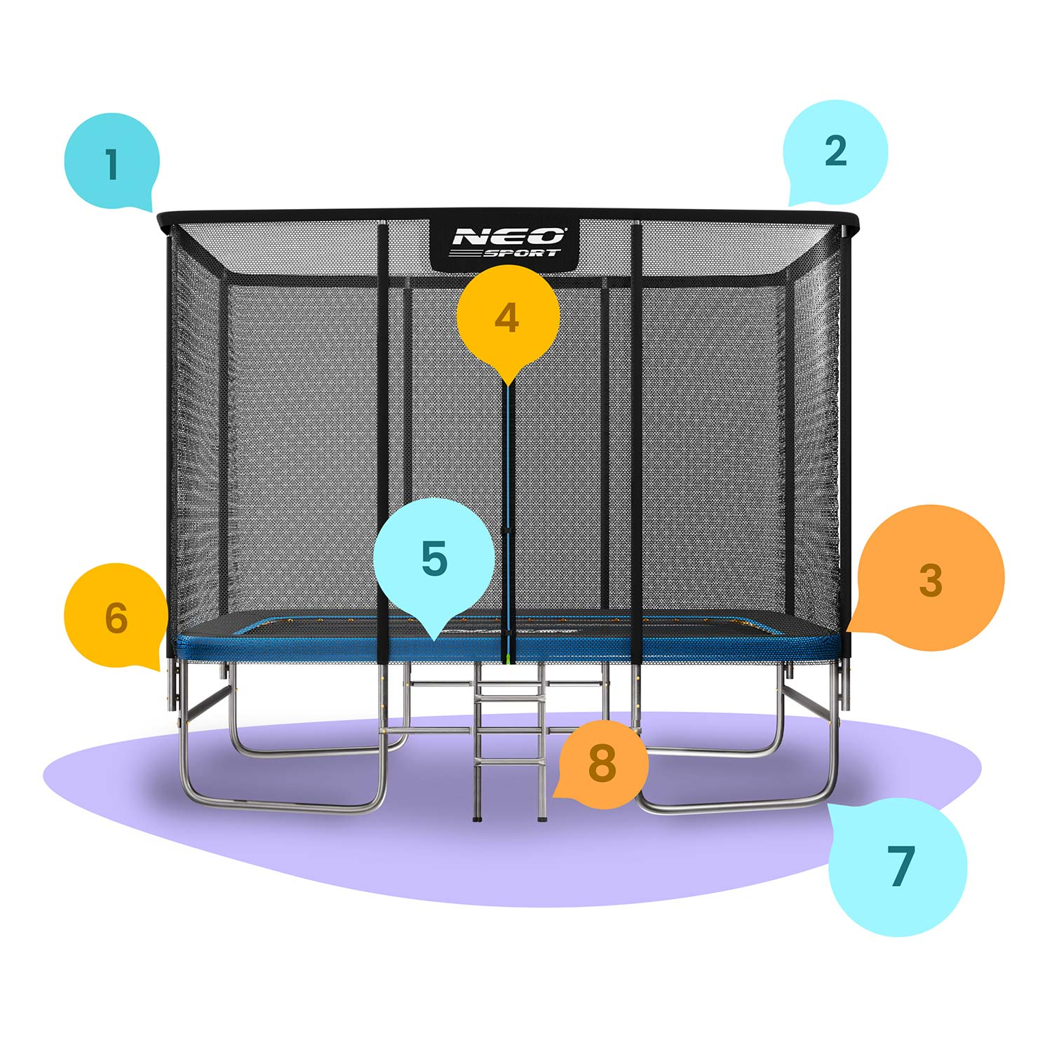 Trampolina z siatką zabezpieczającą, drabiną i srebrnymi sprężynami.