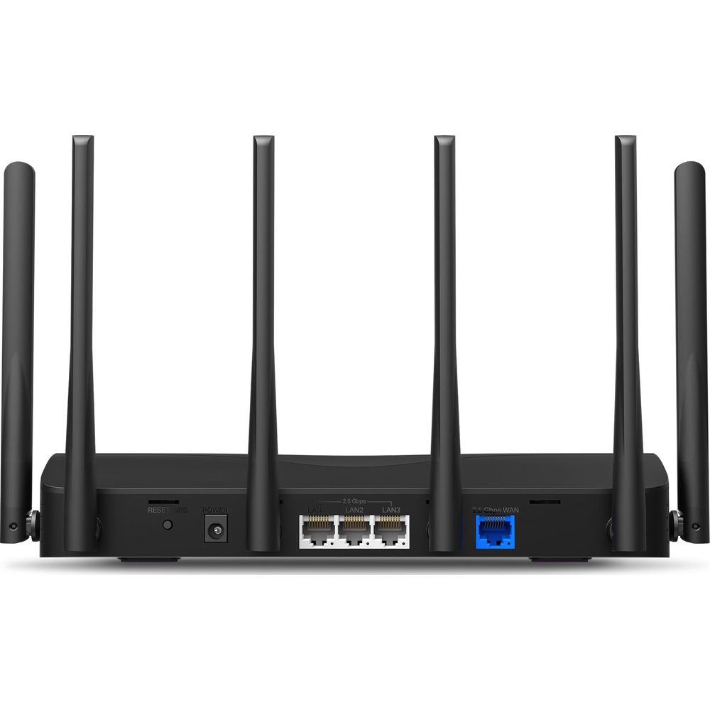 Czarny router z pięcioma antenami, portami LAN i WAN.