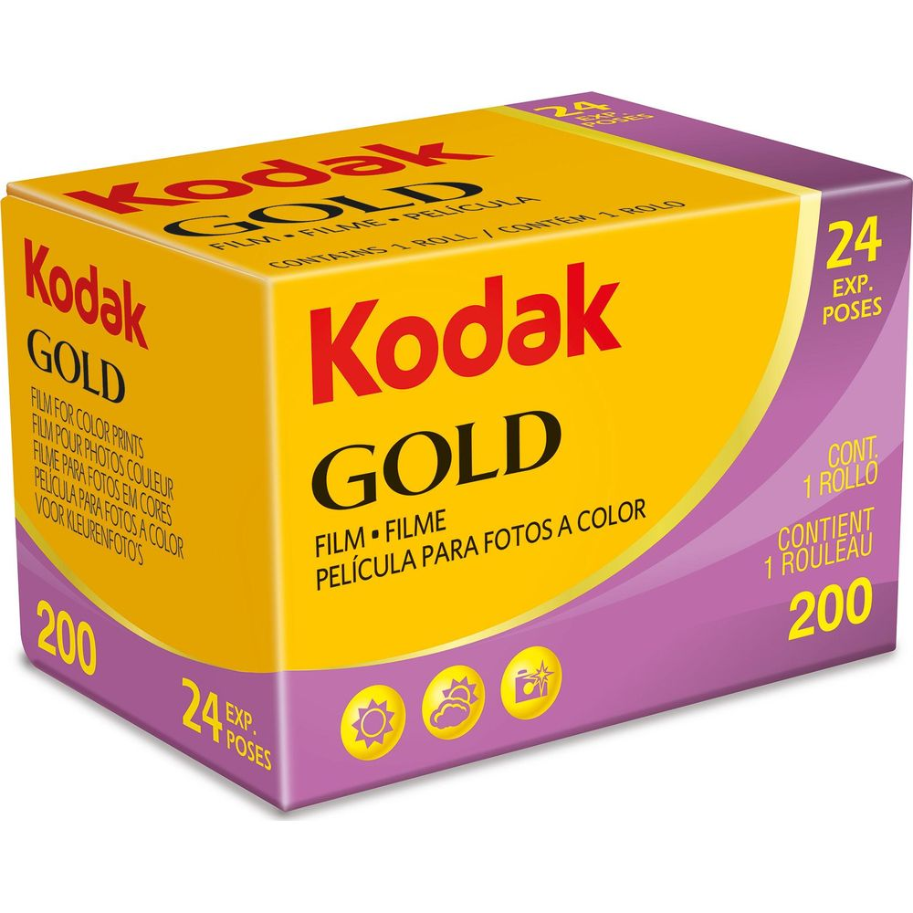 Caja de película Kodak Gold 200, 24 exposiciones, amarilla y morada.